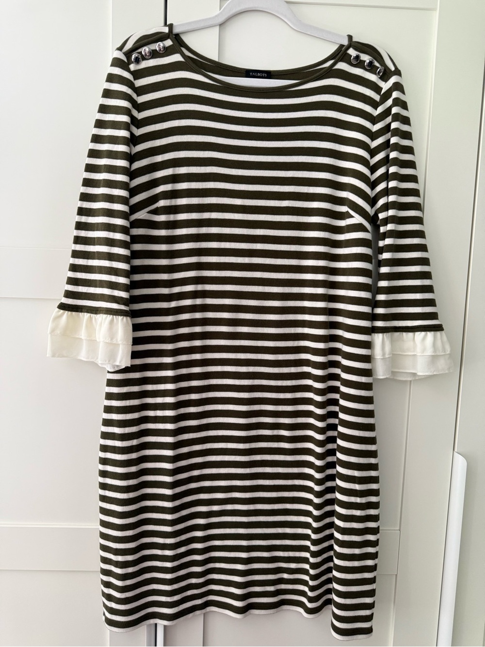Talbots Olive & White Striped Ruffle Sleeve Dress, Large